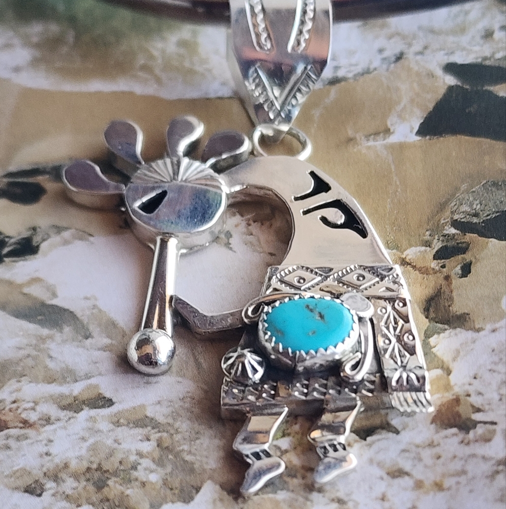 NATIVE MADE & SIGNED Sterling Silver and Turquoise Kokopeli Pendant